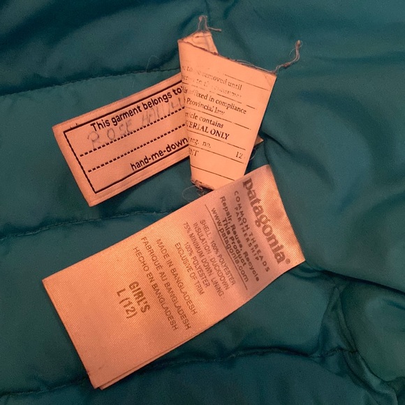 Patagonia Kids Tree Down jacket sky blue turquoise trees excellent size L 10 12 - Picture 8 of 10